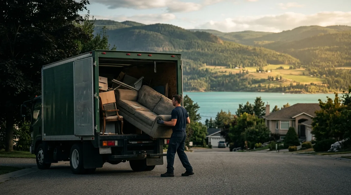 MoveOn junk removal truck loading furniture in Vernon, North Okanagan